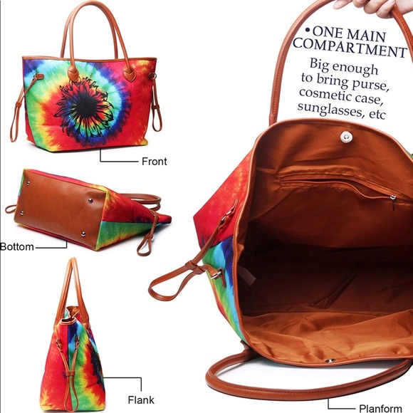 Large Tote Bag Canvas Tie Dye Sunflower Overnight Bag with Two Sturdy Shoulder - Picture 3 of 7